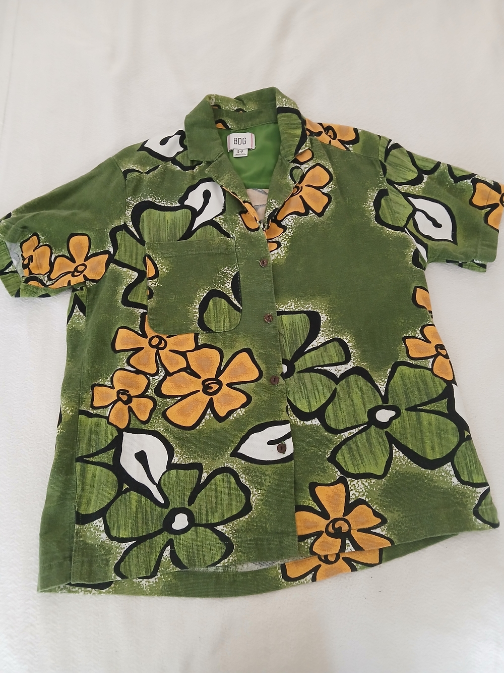 BDG Green Floral Flower Power 70's Style Button Up Shirt